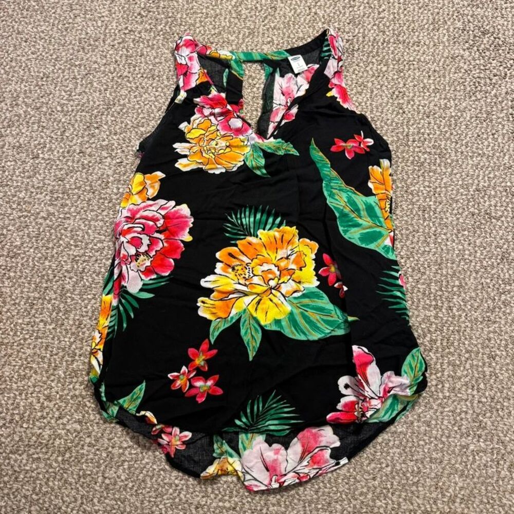 Old Navy Black Tropical Floral Tank Top Keyhole Back Small Tall